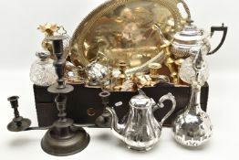 A BOX OF ASSORTED WHITE METAL WARE, to include two glass scent bottles with silver hinged covers (