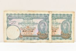 MALAYA CURRENCY 1st September 1940 TWENTY- FIVE CENTS PAIR of BANKNOTES C 523356,D 472198 Slight