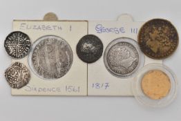 ELIZABETH I SIXPENCE 1561-77, with rose mm Pheon, 2x early worn Silver Pennies, 1817 George III