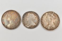 TWO X GODLESS FLORINS 1849 F AND V/F, TOGETHER WITH ANNE 1709 SHILLING COIN (some ware)