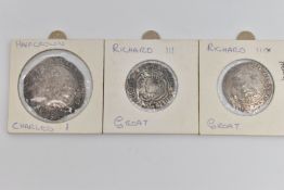 A SMALL CARDBOARD TRAY OF MAINLY HAMMERED COINS, to include Richard III Groat London (looks like