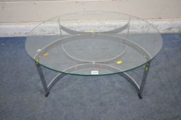 POSSIBLY RICHARD YOUNG FOR MERROW ASSOCIATES, A CROSS SHAPED CHROME COFFEE TABLE, with a circular
