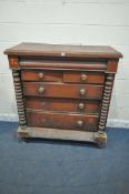 A 19TH CENTURY STAINED PINE SCOTTISH CHEST, fitted with a secret drawer, two short over three long