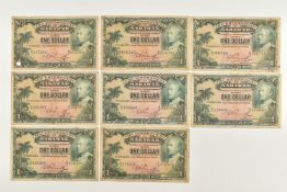 A PARCEL OF EIGHT(8) SARAWAK 1935 ONE DOLLAR BANKNOTES ALL WELL CIRCULATED WITH FOLDS AND STAINS (