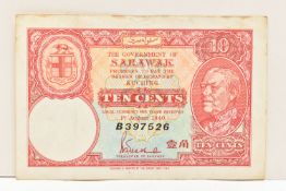 THE GOVERNMENT OF SARAWAK TEN CENTS BANKNOTE 1st August 1940 B 397526 (Slight Staining, Has been