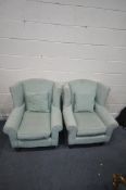 A PAIR OF TEAL WING BACK ARMCHAIRS, width 79cm x depth 80cm x height 90cm (condition report: general