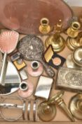 A BOX OF ASSORTED ITEMS, to include a silver vesta, hallmarked 'Samuel M Levi' Birmingham 1912, a