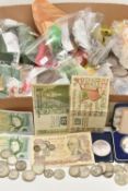 A CARDBOARD BOX CONTAINING MIXED COINAGE, to include a boxed 925 Silver Proof Medal 26 grams by