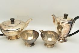 AN ELIZABETH II SILVER FOUR PIECE TEA SERVICE OF CONICAL FORM, all on a short pedestal, black