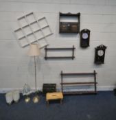 THREE VARIOUS WALL HANGING PLATE RACKS, two wall clocks, a hanging double door cabinet, a standard