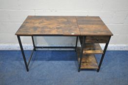 A MODERN DESK, with a tilting surface and sheet holder, a single drawer and two shelves, width 120cm