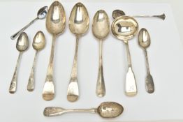 A BAG OF 18TH, 19TH AND 20TH CENTURY SILVER SPOONS, including a George I Hanoverian tablespoon,