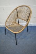 A STYLISH RATTAN CHAIR, raised on a tubular metal frame, width 72cm x depth 72cm x height 89cm (