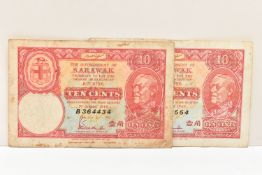 SARAWAK PAIR OF TEN CENTS NOTES August 1940 B 364434,B 398554(Stains and Folds) (2)