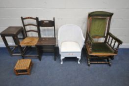 AN AMERICAN STYLE ROCKING CHAIR, a white painted wicker chair, a set of metamorphic library steps,