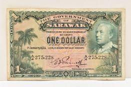 THE GOVERNMENT OF SARAWAK ONE DOLLAR CURRENCY NOTE Jan 1st 1935 A/4 275,228 (Gf Has been Folded)
