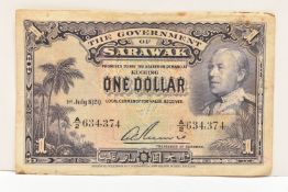 THE GOVERNMENT OF SARAWAK ONE DOLLAR BANKNOTE July 1st 1929 A/2 634,374 (Stains Ware and Nibbles)
