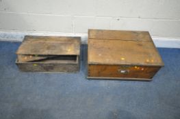 A VINTAGE OAK LIDDED STORAGE BOX, width 65cm x depth 48cm x height 29cm, along with a smaller