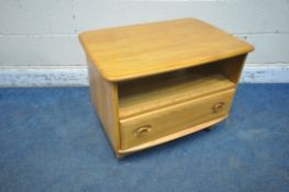 LUCIAN ERCOLANI, A MID CENTURY ELM AND BEECH DROP LEAF CORNER TV CABINET, with a single drawer,