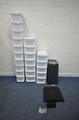 A BLACK PLASTIC EIGHT TIER SHELVING UNIT, along with three plastic drawer units, comprising twenty-