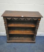 A 20TH CENTURY HARDWOOD OPEN BOOKCASE, with foliate carved details, width 87cm x depth 31cm x height