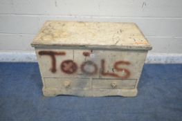 A VINTAGE PAINTED PINE TOOL CHEST, with a hinged lid, and two drawers, width 94cm x depth 51cm x