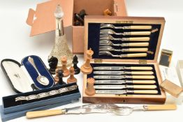 A BOX OF ASSORTED ITEMS, to include a gold plated, engine turned pattern 'S T Dupont' lighter,