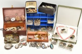 A BOX OF SILVER AND WHITE METAL JEWELLERY AND OTHER ITEMS, to include a silver open face pocket
