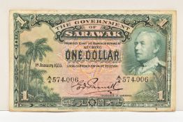 THE GOVERNMENT OF SARAWAK ONE DOLLAR BANKNOTE 1st January 1935 A/4 574,006 (some Soiling and Stains.
