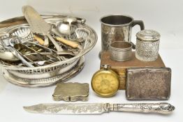 A BOX OF SILVER AND WHITE METAL ITEMS, to include a white metal open face pocket watch, silver and