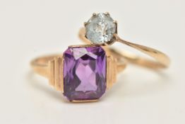 TWO GEM SET RINGS, the first a rectangular cut amethyst set in yellow metal with milgrain detail,