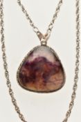 A BLUE JOHN PENDANT WITH CHAIN, the pendant set with a triangular shape blue john cabochon, within a