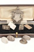 A SILVER FOB MEDAL AND TWO PAIRS OF CUFFLINKS, the vacant shield shape fob medal, hallmarked