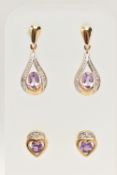 TWO PAIRS OF AMETHYST SET EARRINGS, the first a pair of yellow metal tear drop shaped earrings set