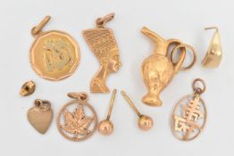 A SMALL ASSORTMENT OF GOLD AND YELLOW METAL, to include a small heart pendant, hallmarked 9ct