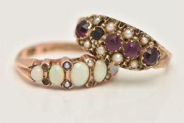 TWO 9CT GOLD GEM SET RINGS, the first a late Victorian ring set with a row of five purple pastes (