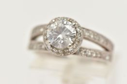 A 9CT WHITE GOLD MOSSAINTE RING, set with a central circular cut moissanite, in a four claw setting,