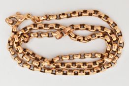A YELLOW METAL CHAIN, designed as a plain polished belcher link chain, with lobster claw clasp,