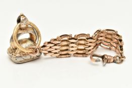 A GOLD PLATED FOB AND CHAIN, the fob set with a polished rectangular amethyst, collet set in a