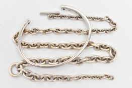 A SILVER BANGLE AND A WHITE METAL CHIAN, the bangle with stain finish, hallmarked silver London, set