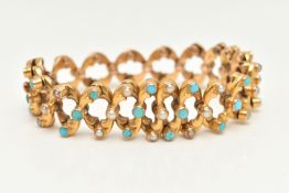 AN EARLY 20TH CENTURY YELLOW METAL BRACELET, a fancy stretch link bracelet, set with turquoise and