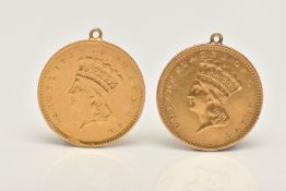 TWO USA DOLLAR COINS, two 1856 coins, with mounted bails and some damage to the obverse of each