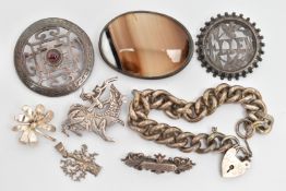 AN ASSORTMENT OF SILVER AND WHITE METAL JEWELLERY, to include a silver Victorian name brooch,