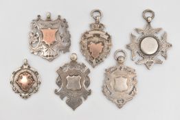 A SMALL BAG OF SILVER FOB MEDALS, six in total, various styles and shapes, all with vacant