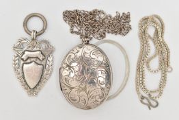 A LARGE SILVER LOCKET WITH CHAIN AND A SILVER FOB, a large oval locket with foliate pattern,