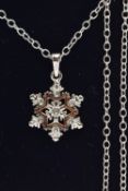 A 'CLOGAU' SILVER CHAIN WITH SNOWFLAKE PENDANT, fine Rolo link chain fitted with a spring clasp