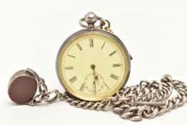 A SILVER OPEN FACE POCKET WATCH AND ALBERT CHAIN, key wound, open face pocket watch, round white