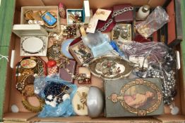 A LARGE QUANTITY OF COSTUME JEWELLERY, WHITE METAL JEWELLERY AND A SILVER DISH, the silver dish