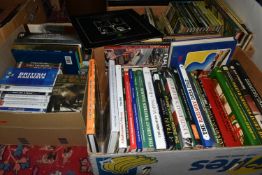 THREE BOXES AND LOOSE RAILWAY THEMED BOOKS, DVDS, AND VHS to include a large quantity of books
