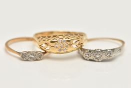 THREE DIAMOND SET RINGS, the first an 18ct gold open work ring, set with a small cluster of single